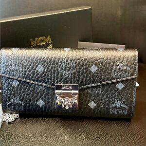 MCM Tracy Black Long Flap Wallet with Chain